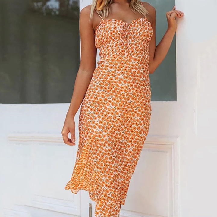 Damen Figurnahes Blumen-Midikleid mit schmalem Schnitt und Raffung Drune