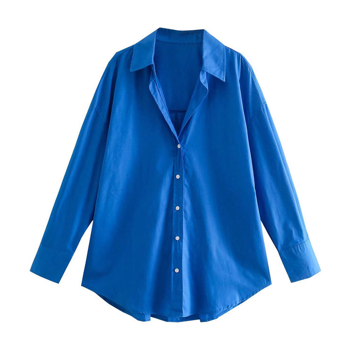 Damen nan oversized Longbluse mit Kentkragen, durchgehender Knopfleiste und abgerundetem Saum Drune