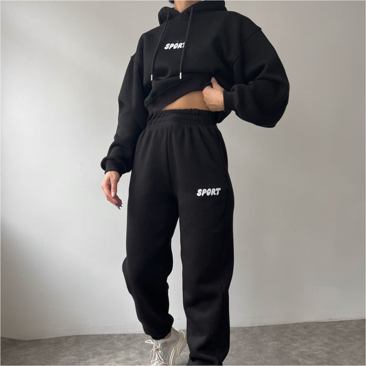 Damen lässiges Sport-Hoodie- und Jogginghosen-Set mit hoher Taillierung und weichem Material Drune