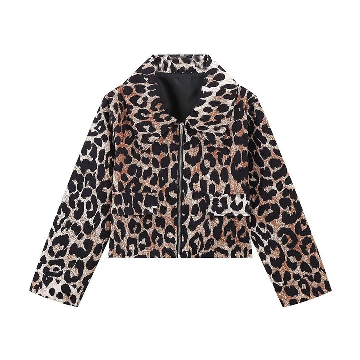 Damen nan cropped Übergangsjacke mit Leopardenmuster, durchgehendem Reißverschluss und aufgesetzten Pattentaschen Drune