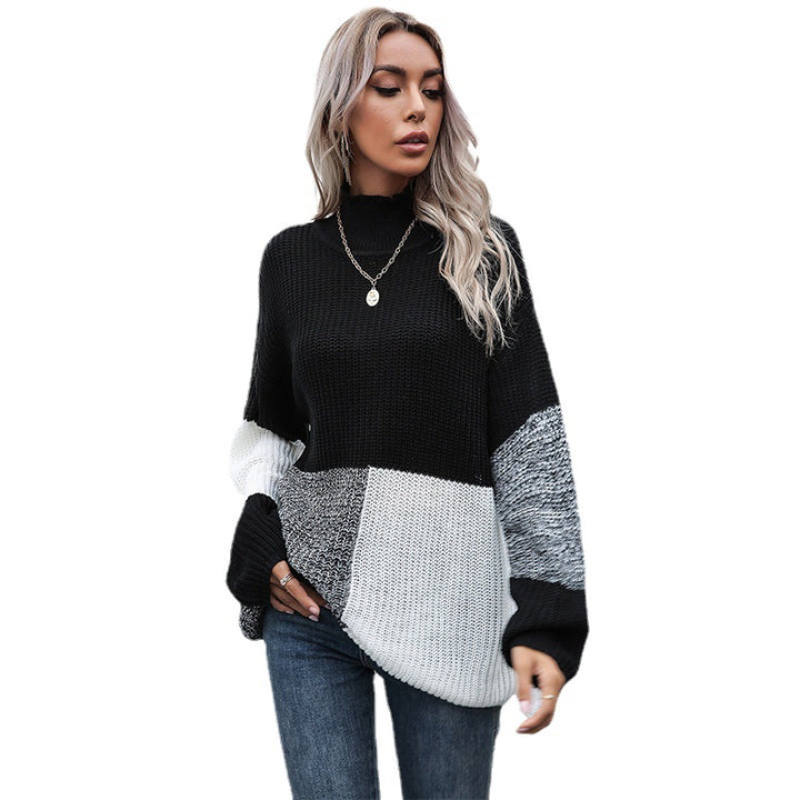 Damen Oversize-Feinstrickpullover im Blockpatch-Design mit Stehkragen Drune