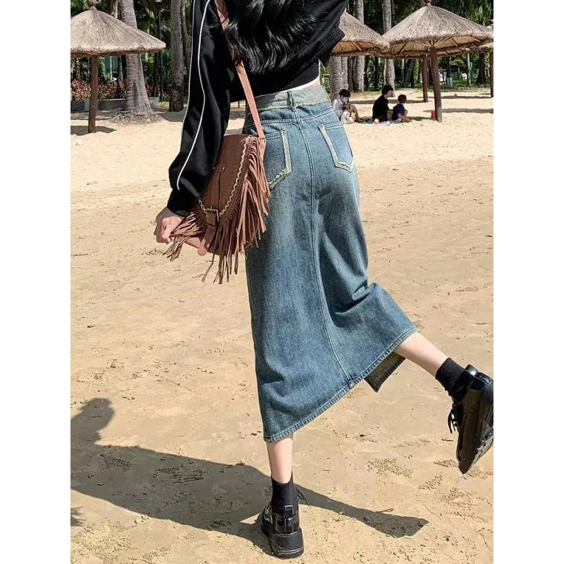 Damen Langer Denim-Rock mit hoher Teilung Drune