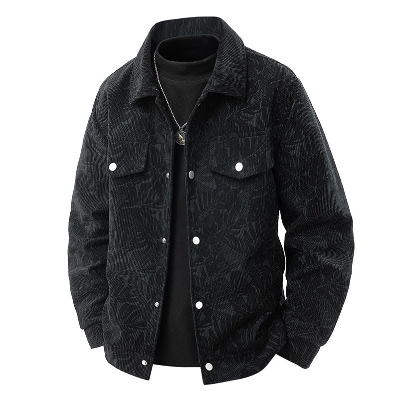 Herren Cord-Overshirt mit floralem Strukturprint, Brusttaschen und entspannter Passform Drune