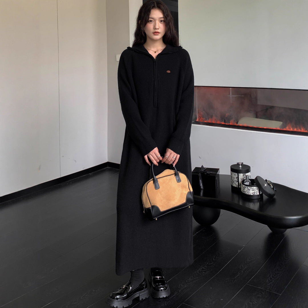 Damen Geripptes Kapuzen-Strickmaxikleid mit halbem Reißverschluss und weitem Fall Drune