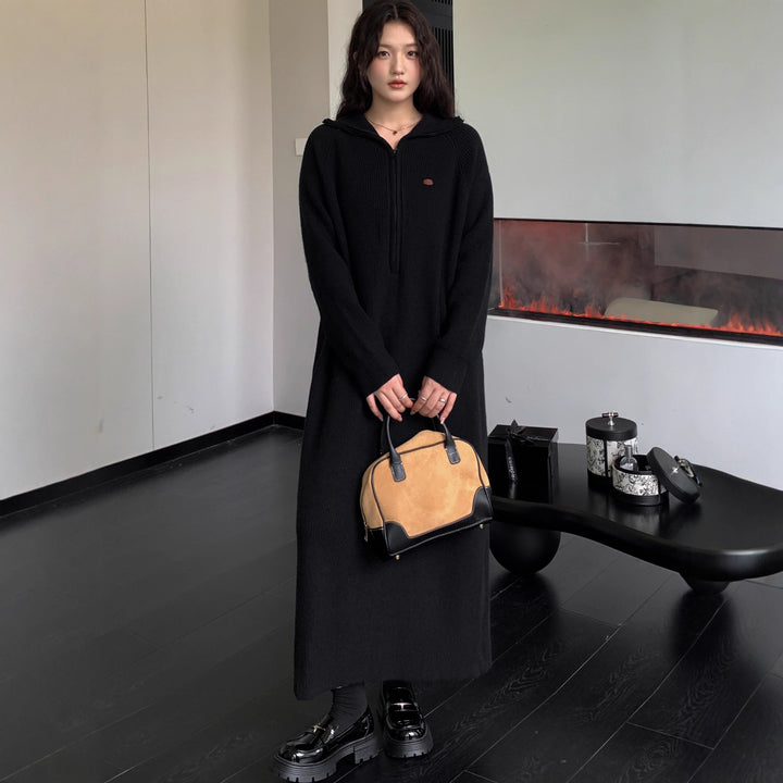 Damen Geripptes Kapuzen-Strickmaxikleid mit halbem Reißverschluss und weitem Fall Drune