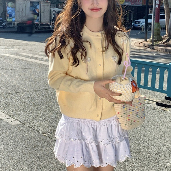 Damen Kawaii Strickjacke mit dekorativen Schleifen und Perlen Drune