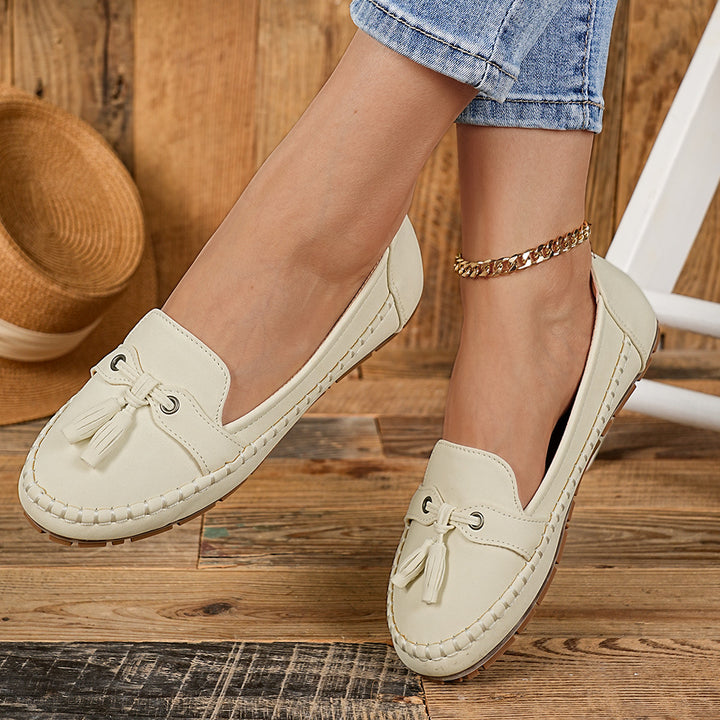 Damen  klassische Mokassin-Slipper mit Quasten, handgenähter Rahmennaht und rutschfester Gummisohle Drune