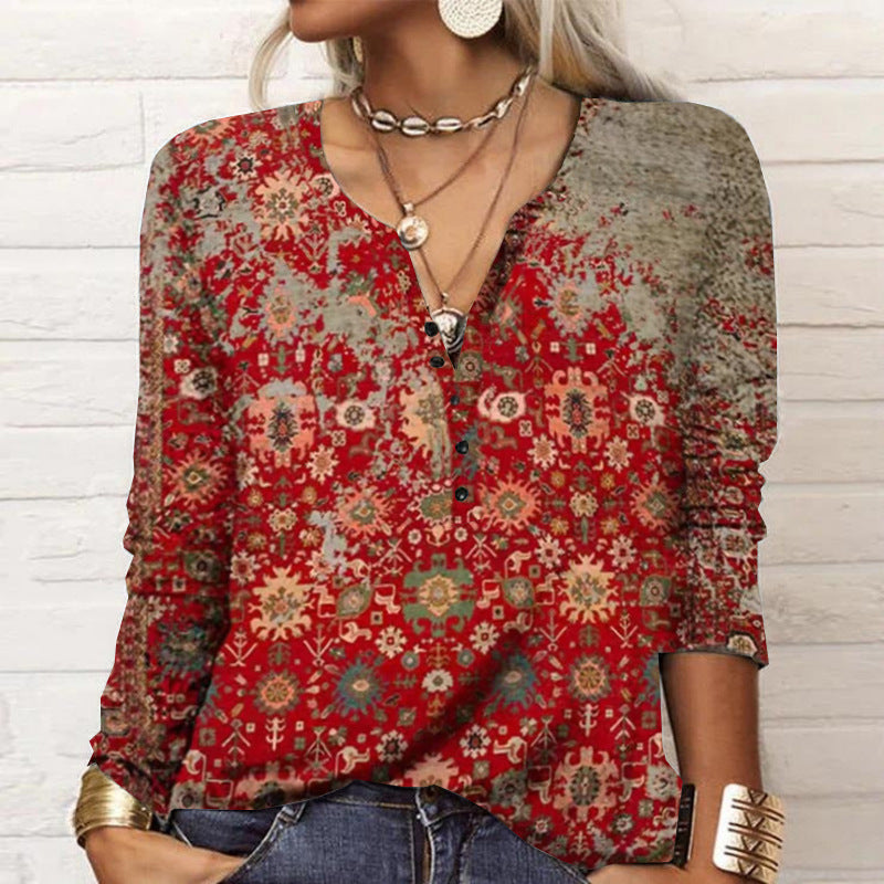 Damen Lockeres Langarm‑Henleyshirt mit V‑Ausschnitt, Knopfleiste und Ombre‑Print Drune