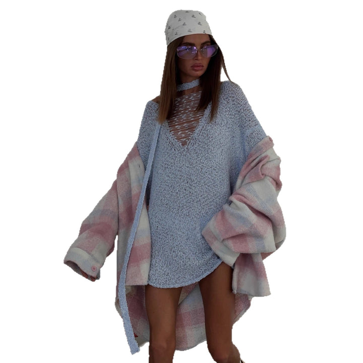 Damen Verspielter Strickpullover mit tiefem V-Ausschnitt Drune