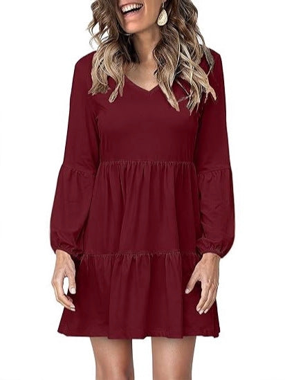 Damen Stufiges Mini-Kleid mit V-Ausschnitt und Ballonärmeln Drune
