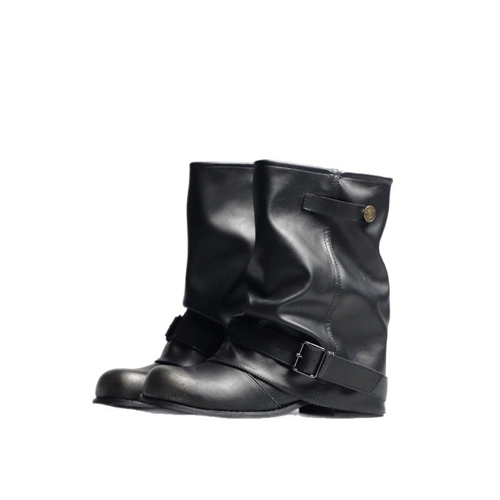 Damen Slouchy Bikerstiefel aus Lederoptik mit verstellbarem Schnallenriemen und mittlerem Blockabsatz Drune