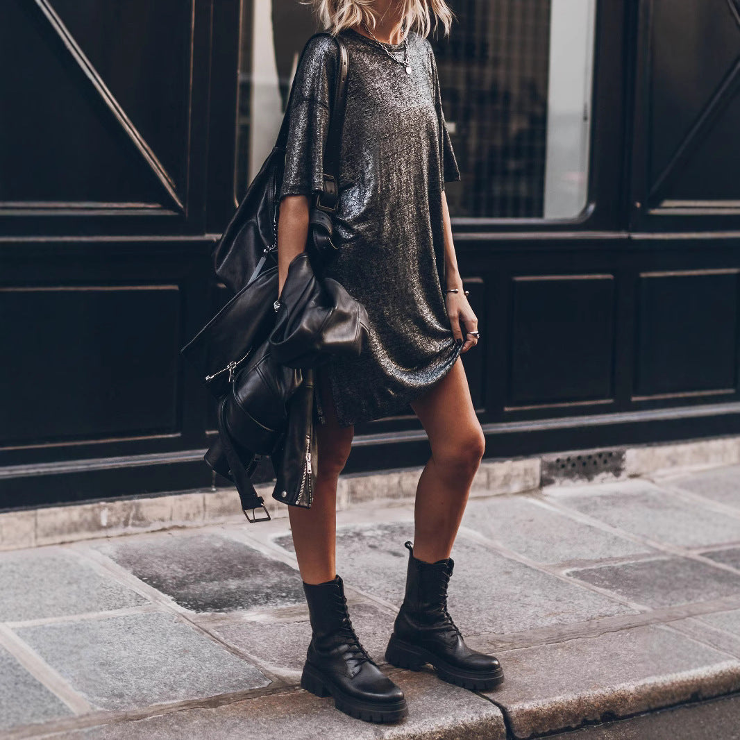 Damen lässiges Glitzerkleid mit seitlichem Schlitz und oversize Schnitt Drune