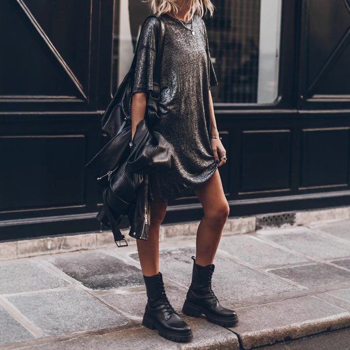 Damen lässiges Glitzerkleid mit seitlichem Schlitz und oversize Schnitt Drune