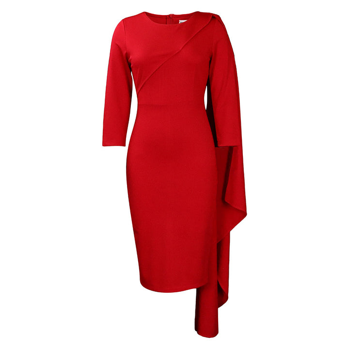 Damen elegantes Midikleid mit asymmetrischem Cape-Design und Langarm Drune