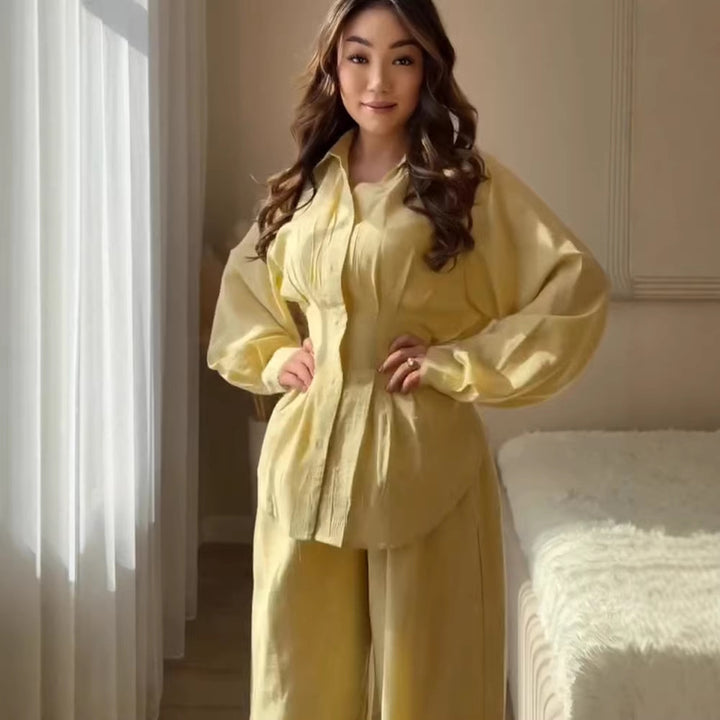 Damen Elegantes zweiteiliges Satin-Loungewear-Set mit taillierter Bluse und weitem Hosenbein Drune