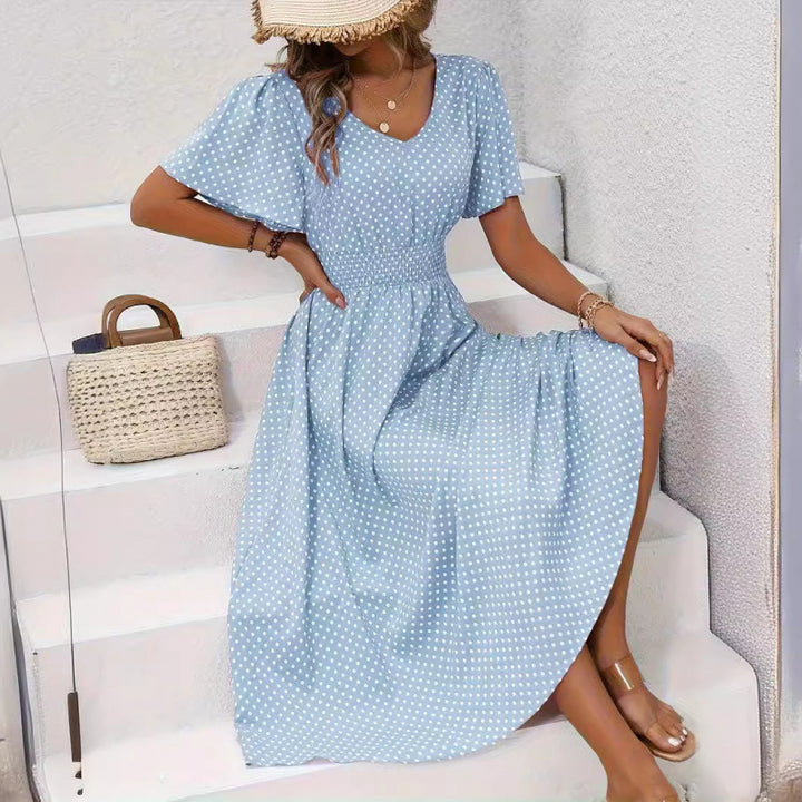 Damen Maxikleid im verspielten Punktdesign mit voluminösen Ärmeln und tiefem V-Ausschnitt Drune