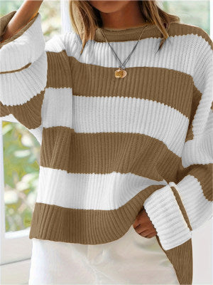 Damen gestreifter Strickpullover mit weitem Schnitt Drune