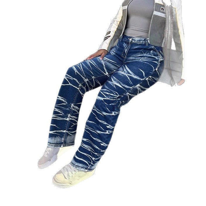 Damen High-Waist Straight-Jeans mit bleached Wave-Muster und Relaxed-Passform Drune