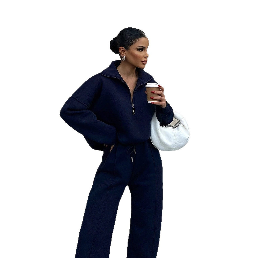 Damen Oversized Fleece-Lounge-Set mit Halb-Reißverschluss und weiten Jogginghosen Drune