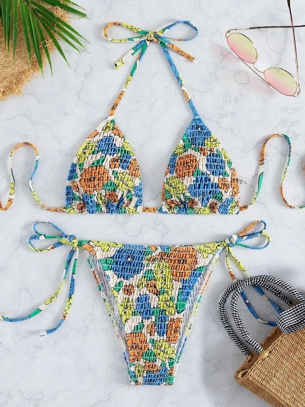 Damen Triangel-Bikini mit floralem Design und verstellbaren Bindebändern Drune