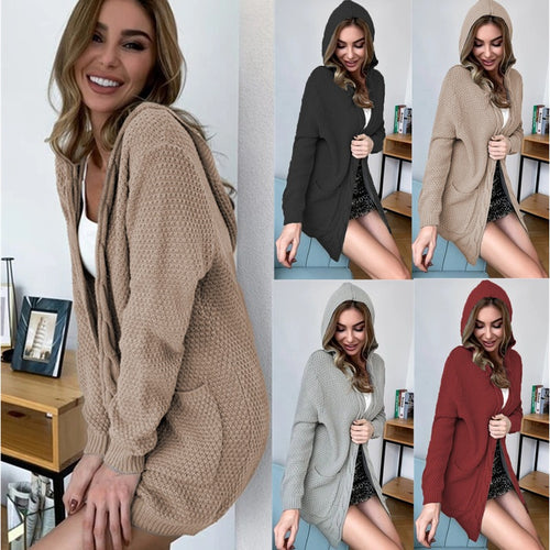 Damen Grobstrick-Cardigan mit Kapuze und großen Taschen Drune