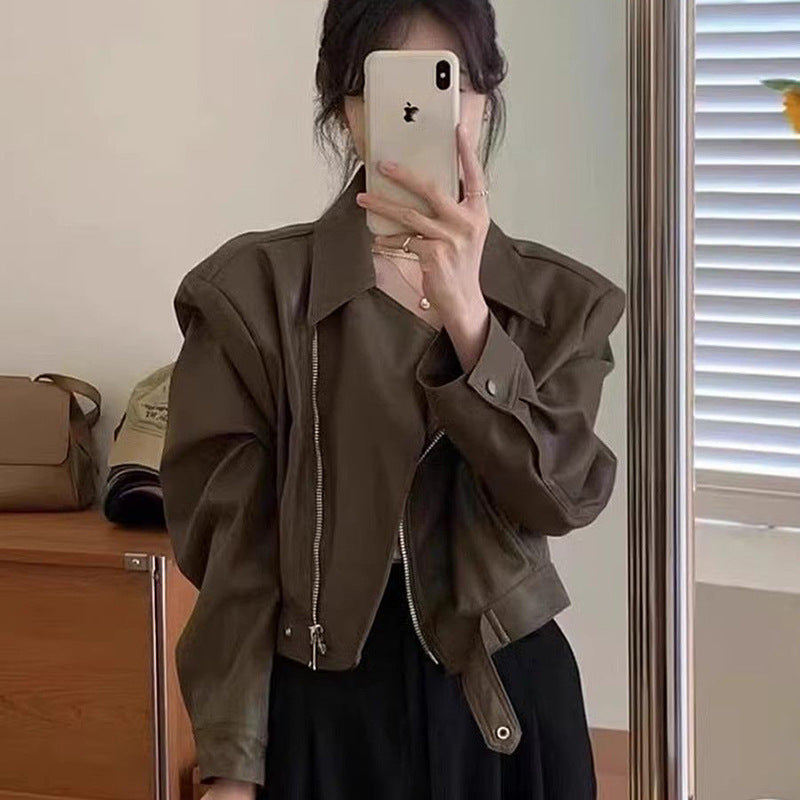 Damen Cropped-Lederjacke im stylischen Biker-Design mit asymmetrischem Reißverschluss und weichen Materialien Drune