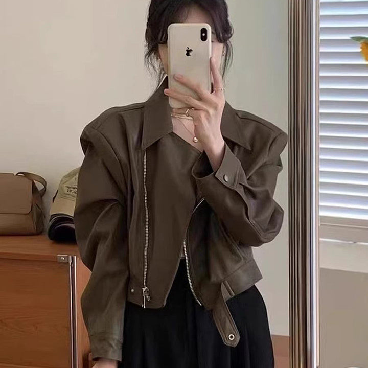 Damen Cropped-Lederjacke im stylischen Biker-Design mit asymmetrischem Reißverschluss und weichen Materialien Drune
