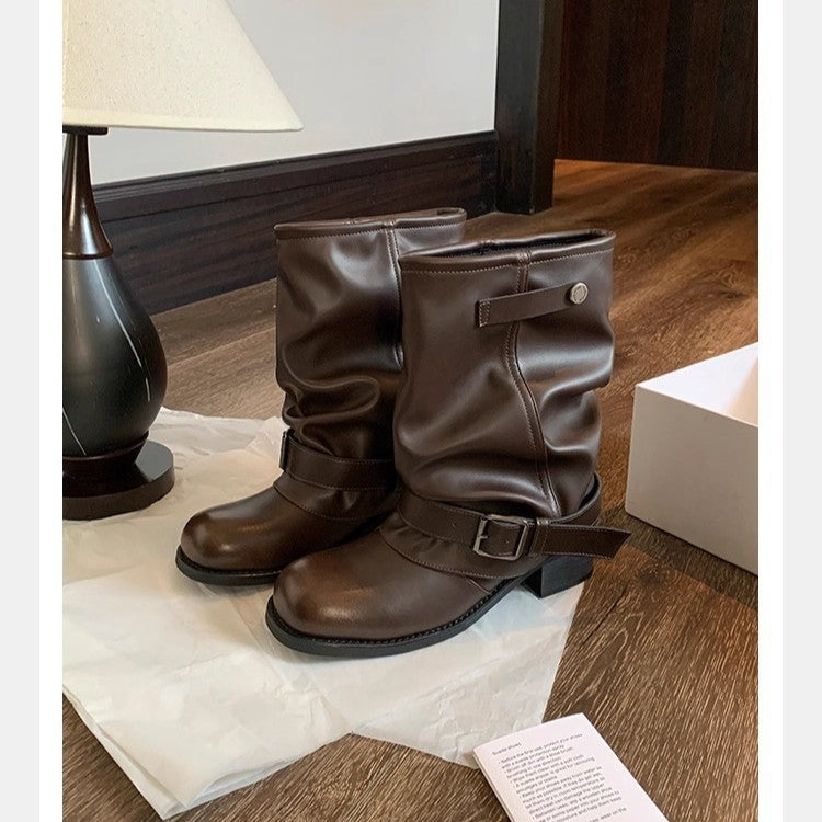 Damen Mid-Calf Bikerstiefel aus Glattleder mit verstellbarem Schnallenriemen Drune