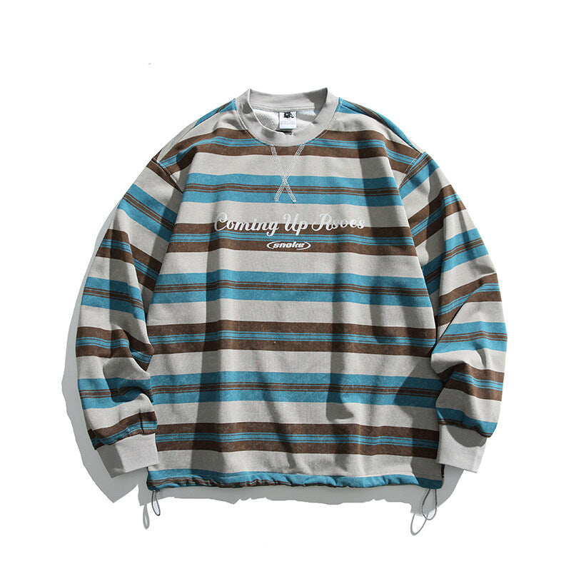 Herren Oversized Gestreiftes Sweatshirt mit Kordelzugsaum und Rundhals Drune