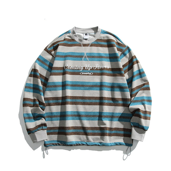 Herren Oversized Gestreiftes Sweatshirt mit Kordelzugsaum und Rundhals Drune