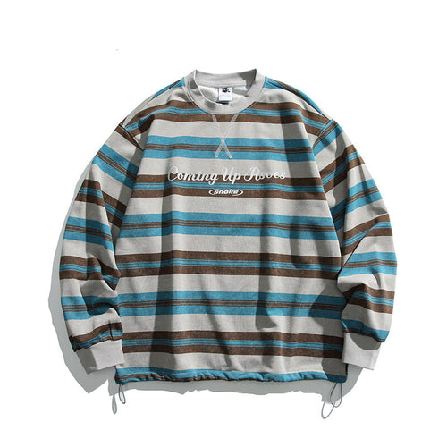 Herren Oversized Gestreiftes Sweatshirt mit Kordelzugsaum und Rundhals Drune