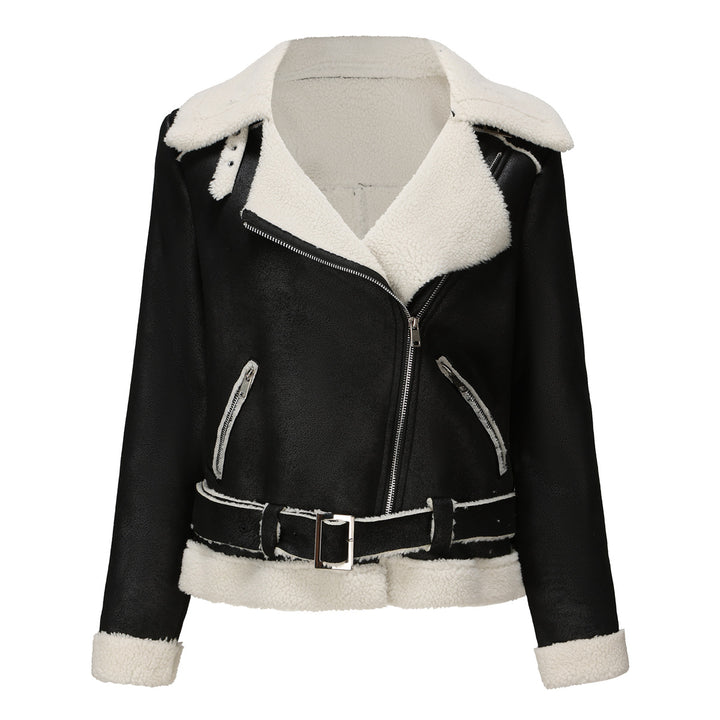 Damen modische Lammfelljacke mit asymmetrischem Reißverschluss und Taillengürtel Drune