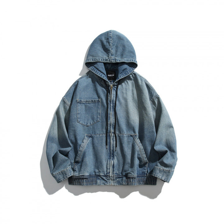 Unisex Oversize-Jeansjacke mit Kapuze, elastischem Saum und Kängurutaschen Drune