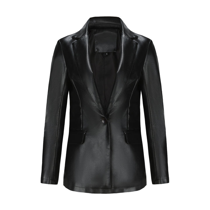 Damen nan taillierter Blazer aus Kunstleder mit Reverskragen und Pattentaschen Drune