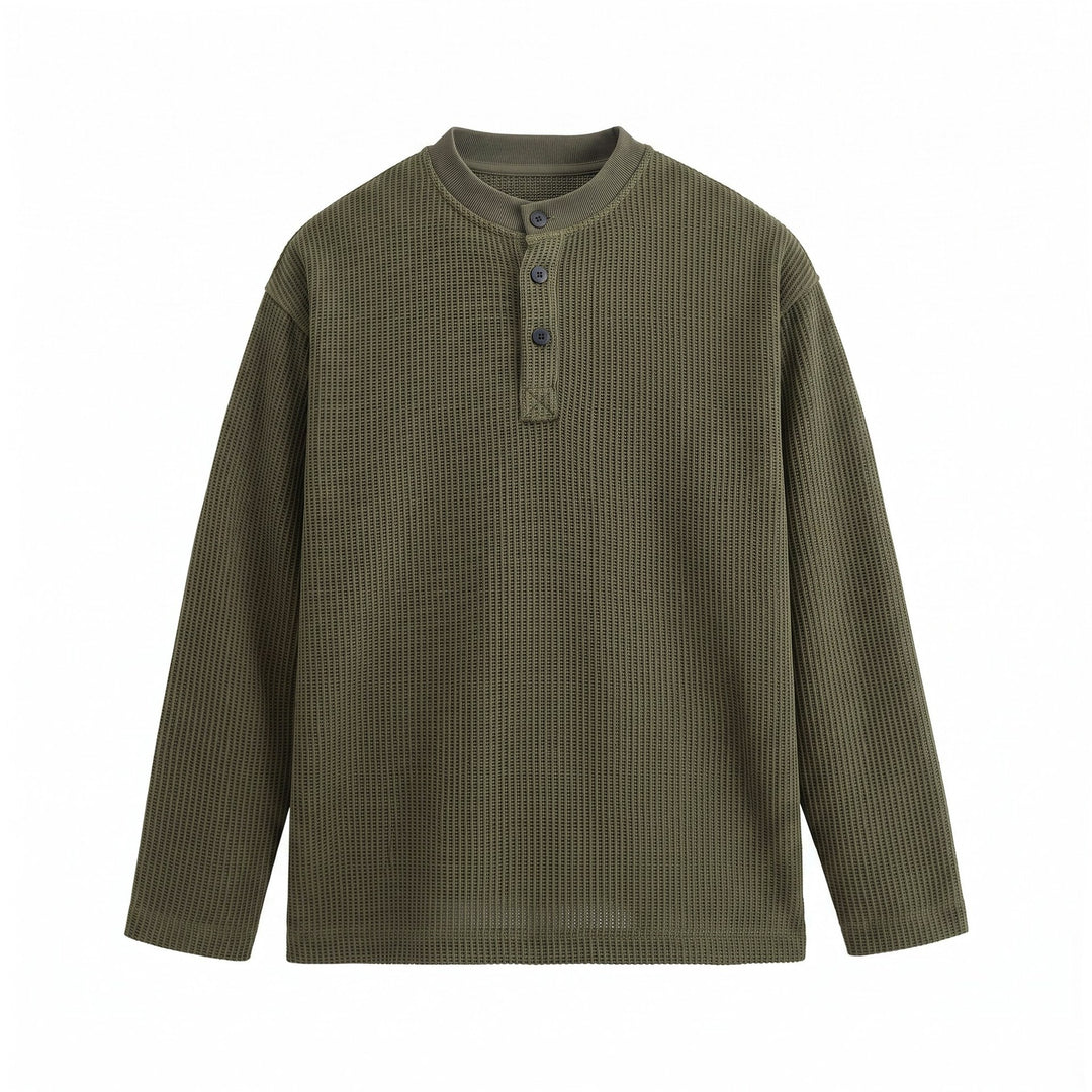 Herren Waffelstrick-Henley mit Stehkragen und dreifacher Knopfleiste Drune