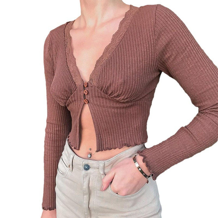 Damen Crop-Top mit femininer Spitze und Knopfdetails Drune