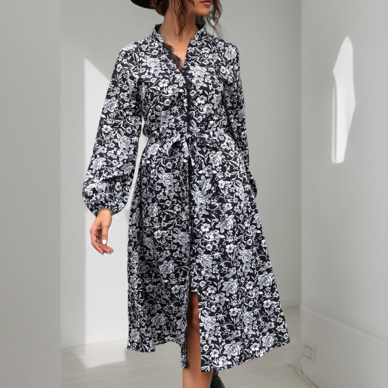 Damen Midikleid mit Spitzenbesatz am Ausschnitt, verdeckter Knopfleiste, Taillenbindegürtel & floralem Allover-Print Drune