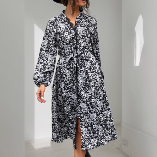 Damen Midikleid mit Spitzenbesatz am Ausschnitt, verdeckter Knopfleiste, Taillenbindegürtel & floralem Allover-Print Drune