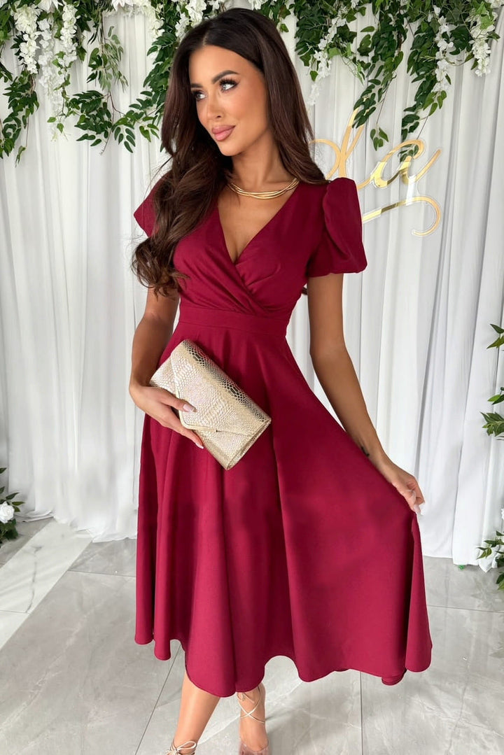 Drune | Stylisches Pendeln Unifarbe V-Ausschnitt Puffärmel Kleid