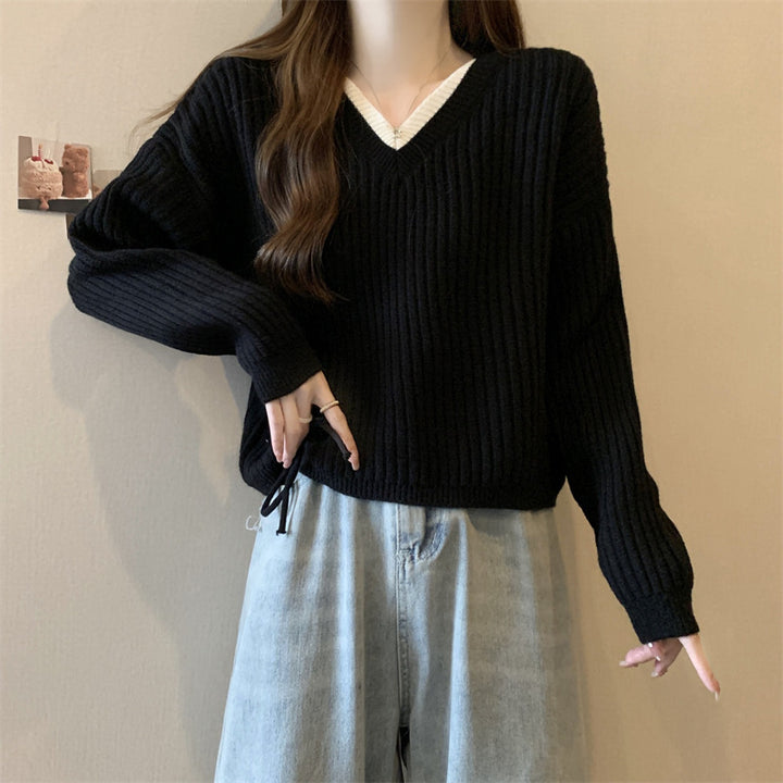 Damen gemütlicher V-Ausschnitt Strickpullover mit feiner Rippstruktur und lässigem Schnitt Drune