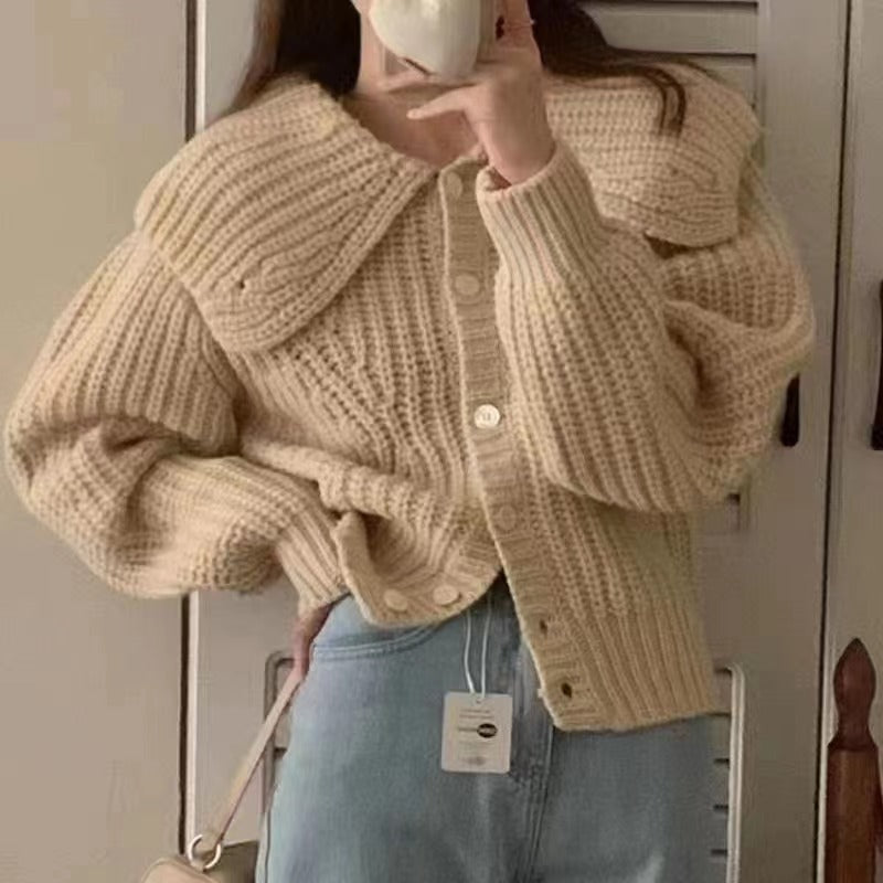 Damen Strickjacke mit großem Kragen und voluminösen Ärmeln Drune