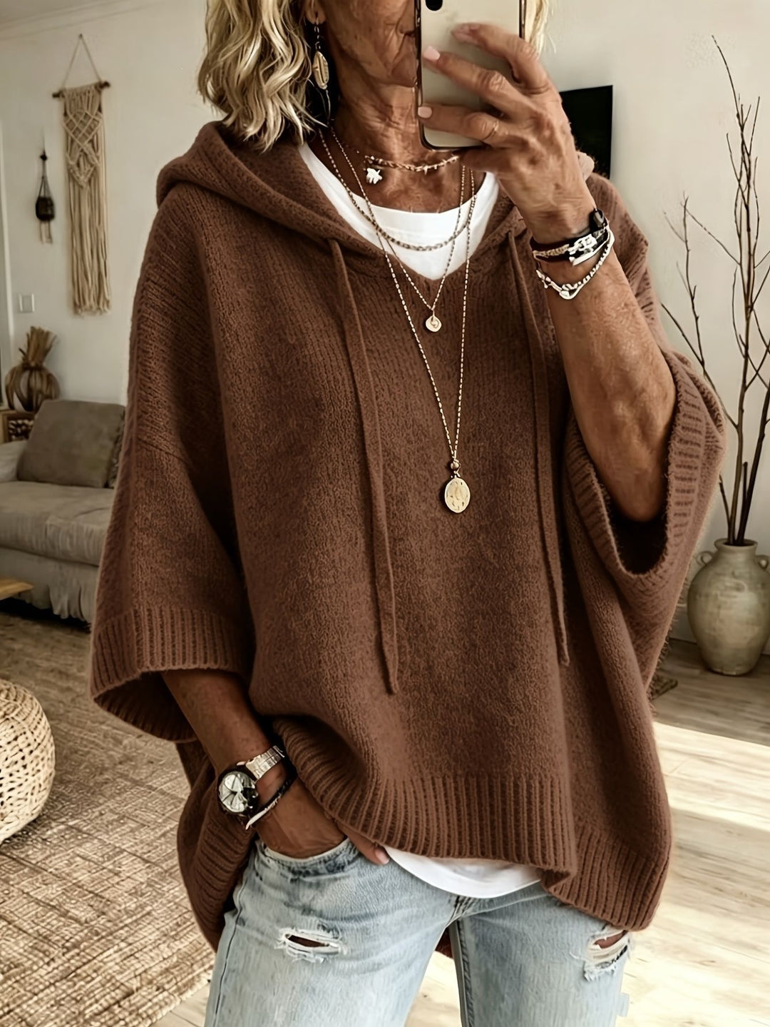 Damen nan Oversize Strickponcho mit Kapuze und kurzen Ärmeln Drune