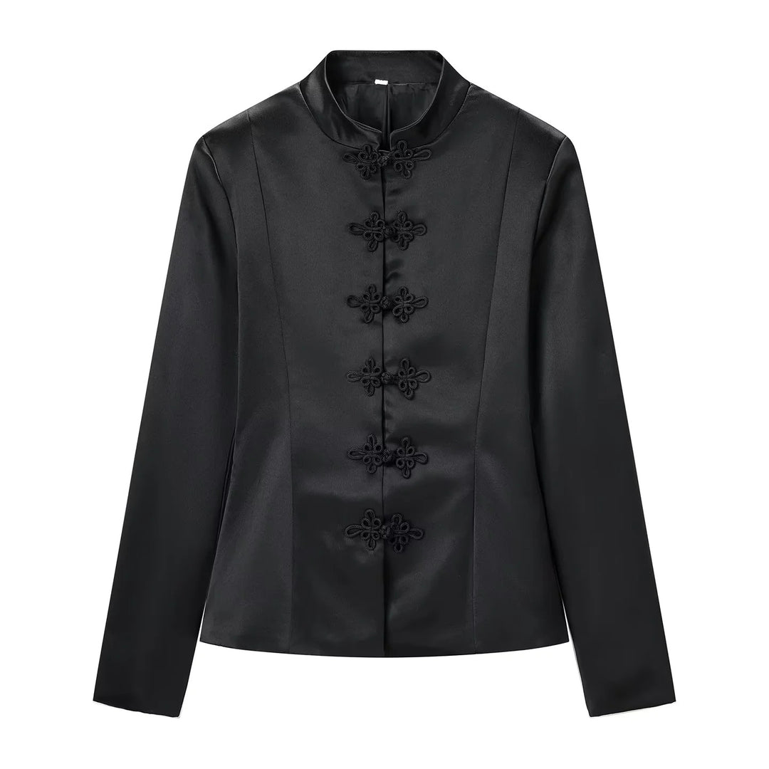 Damen nan taillierte Satinjacke mit Stehkragen und dekorativen Knotenverschlüssen Drune