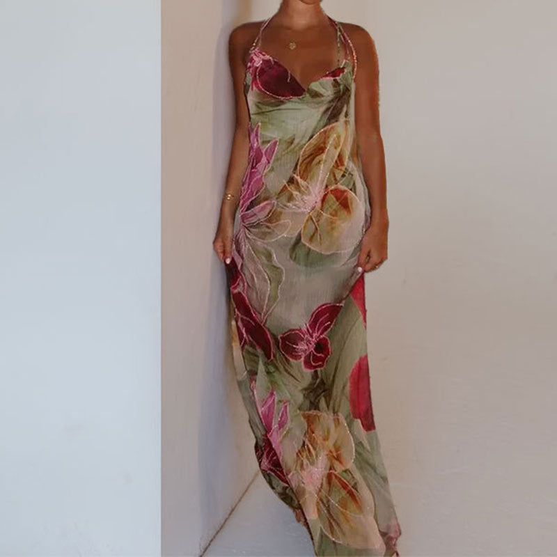 Damen Maxikleid mit transparentem Blumenmuster und schlanker Silhouette Drune