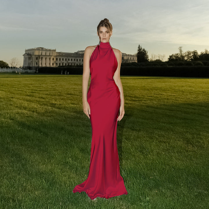 Damen elegantes Maxikleid mit hohem Kragen und figurbetontem Schnitt Drune