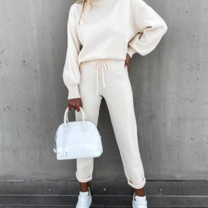 Damen Strick-Loungewear-Set mit Ballonärmeln und taillierter Jogginghose Drune