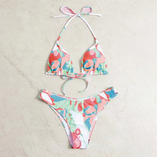 Damen Triangel-Bikini-Set mit verstellbaren Trägern und kreativem Print Drune