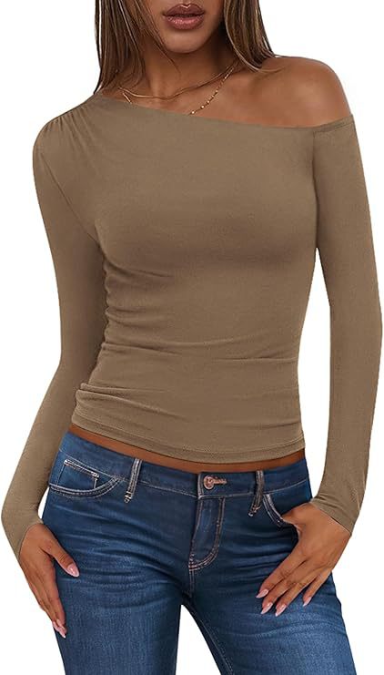 Damen Schulterfreies, figurnahes Ripp-Langarmtop mit asymmetrischem Ein-Schulter-Schnitt Drune