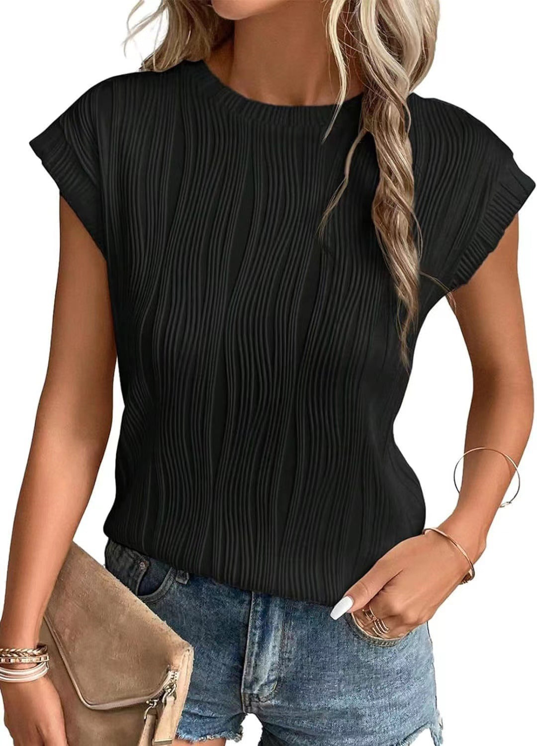 Damen Strukturierte Kurzarm-Bluse mit eleganter Wellenoptik Drune