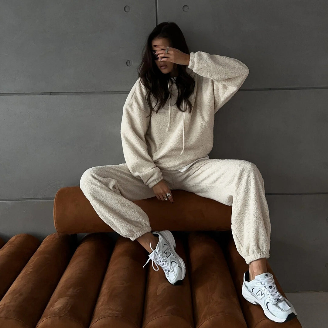 Damen Kuscheliges Sherpa-Loungewear-Set mit Oversized-Kapuzenpullover und weiten Bündchenhosen Drune